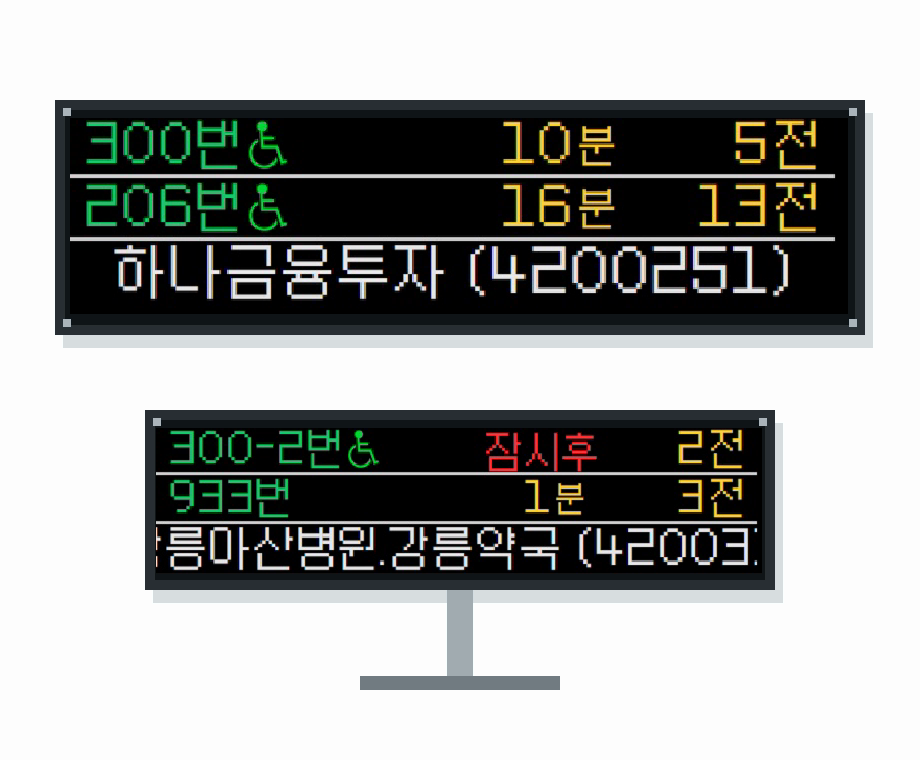 크기가 다른 초소형 LED 보드 두 개에 표시된 실시간 버스 도착정보 화면